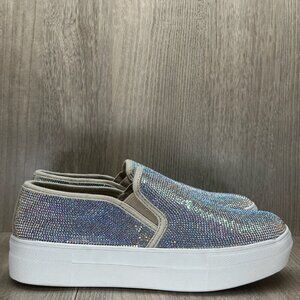 SODA Shoes Womens Sz 6 Rhinestone Embellished Slip On Platform Sneakers Silver